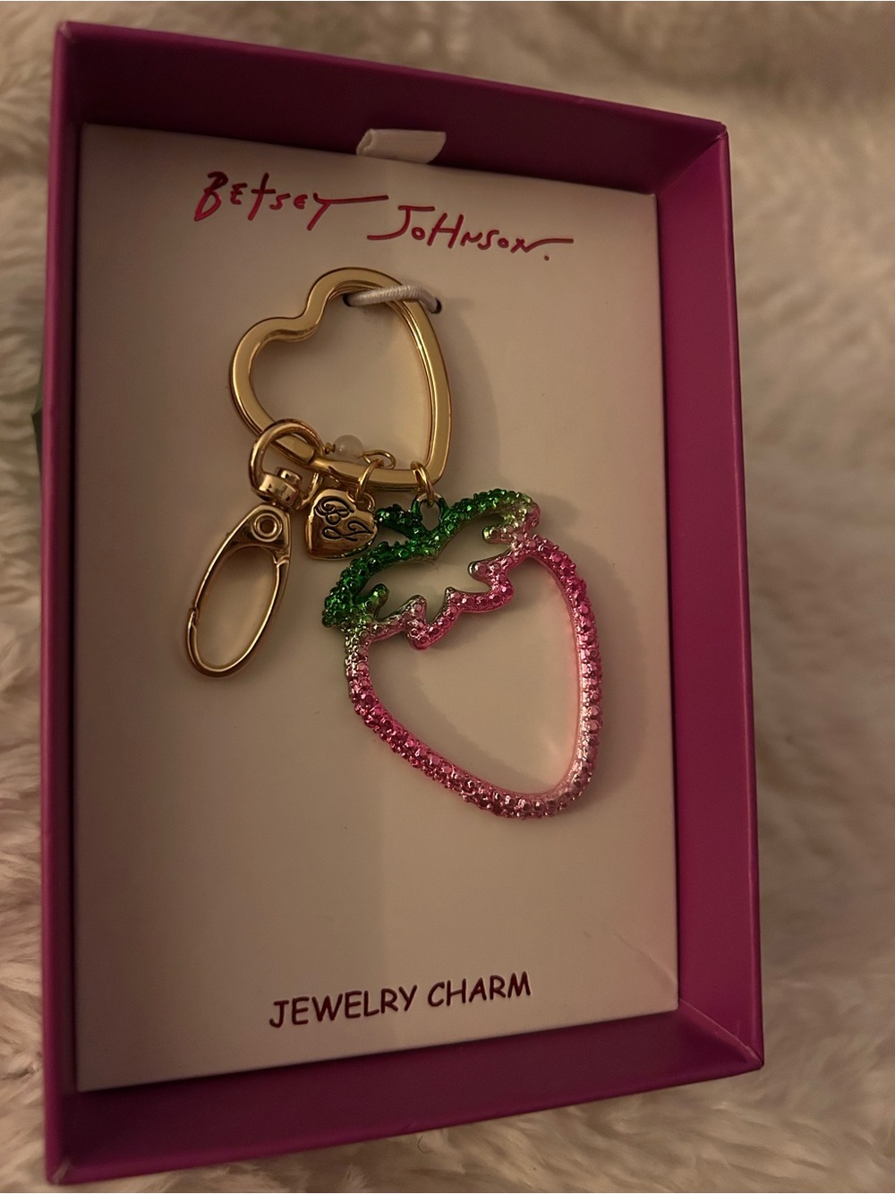 Betsey Johnson Pink & Green Crystal Strawberry Key Charm